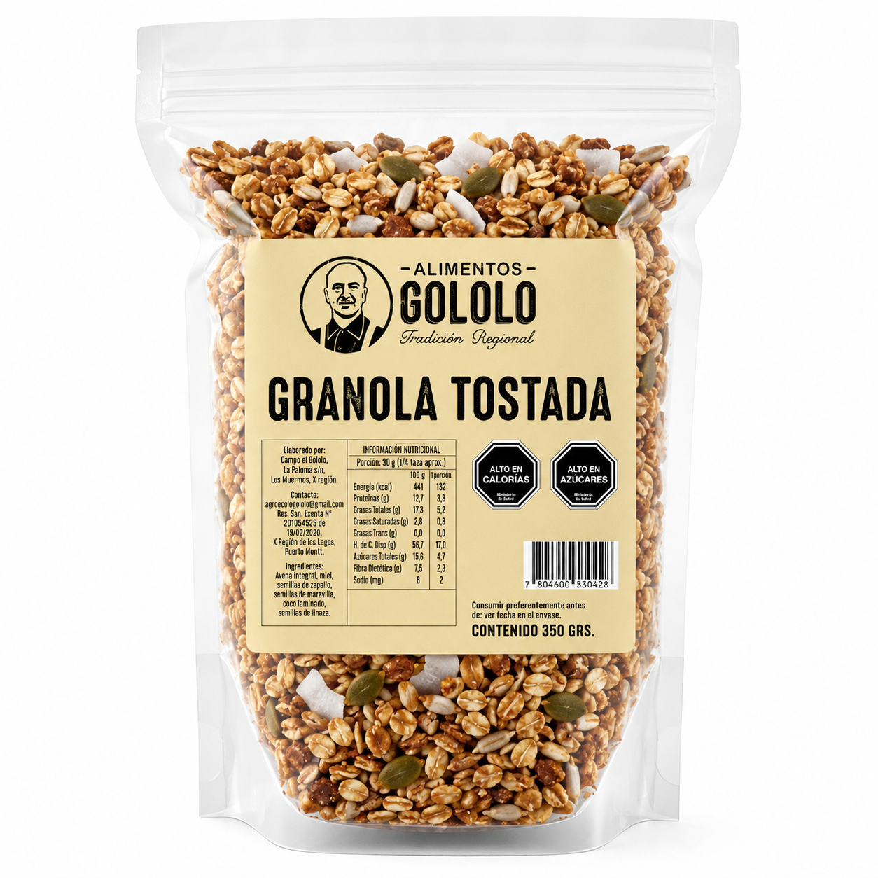 Granola Gololo tostada en miel de ulmo, con quinoa pop y almendras