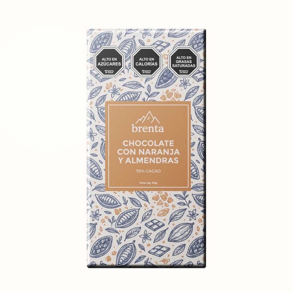 Barra de chocolate Brenta 70% cacao con naranja y almendras caramelizadas