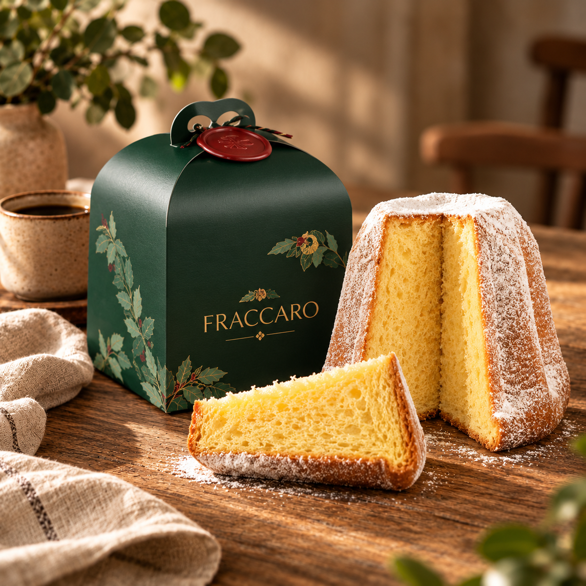 Pandoro Fraccaro cortado junto a su caja verde, con café