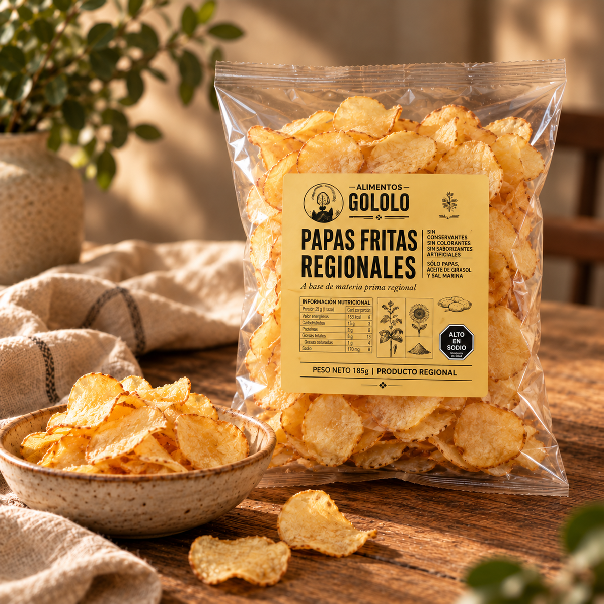 Papas Fritas Regionales Gololo en su bolsa de 185 g y servidas en un bowl