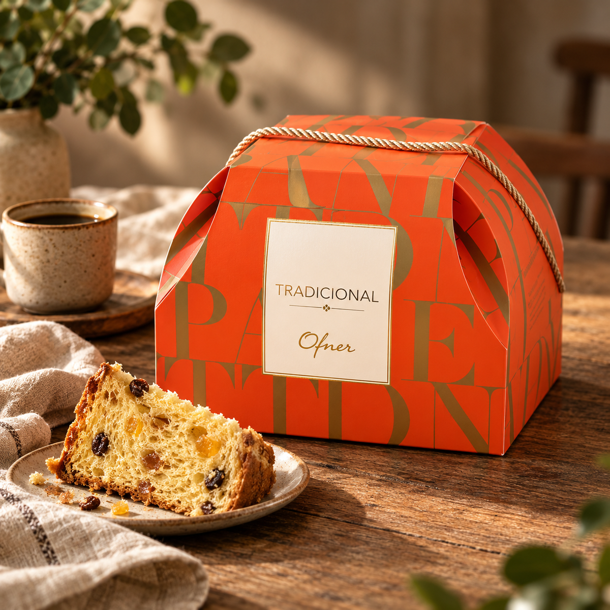 Panettone Tradicional Ofner en su caja, con una porción servida y café